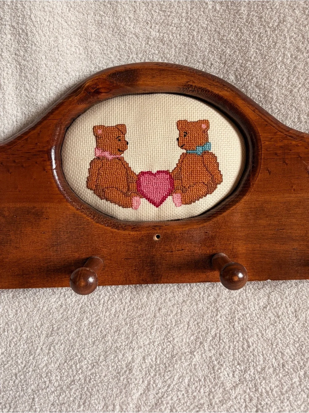 Handcrafted Brown Teddy Bears Cross-Stitch Wall Decor with Pink Heart